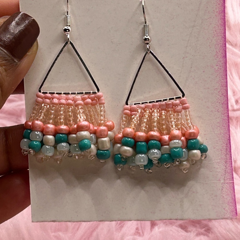 Peach, White & Teal Fringe Earrings